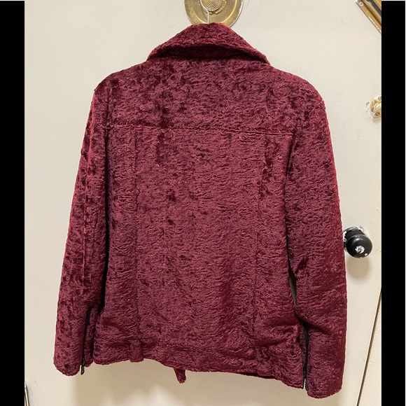 Burgundy Faux Fur Zip Biker Jacket - Picture 7 of 7